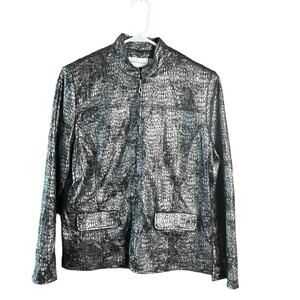 Alfred Dunner Jacket Metallic Silver Womens Size 10 Black Zip Up Lightweight